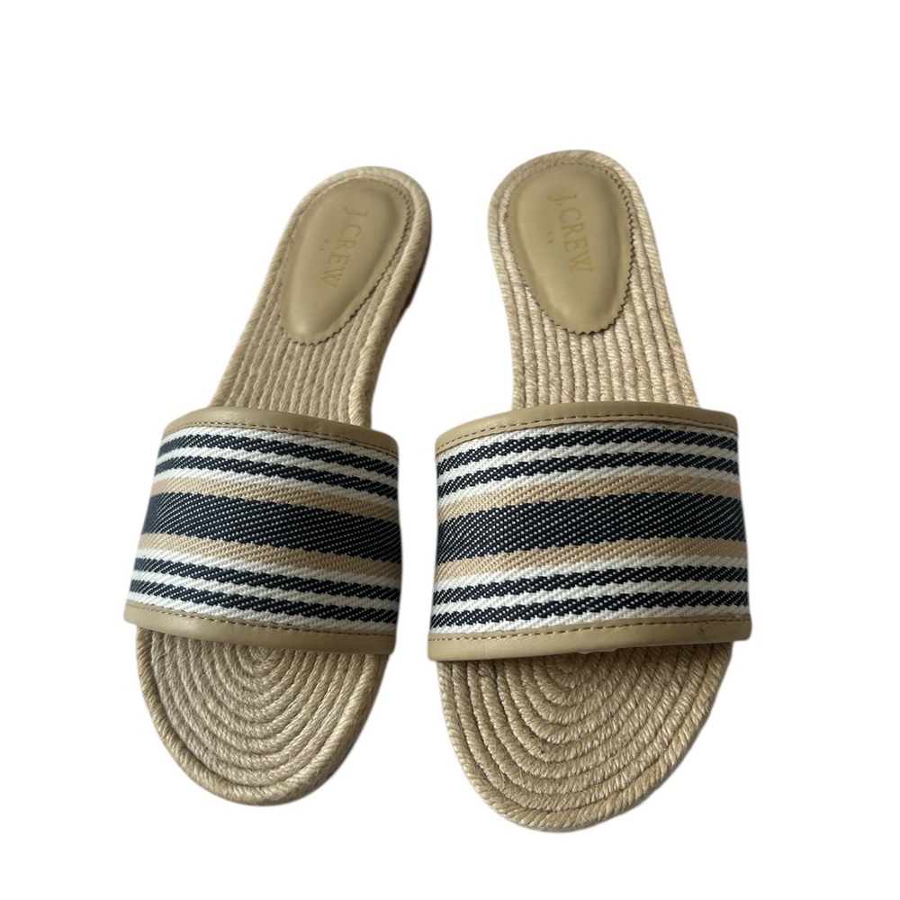 NWT J.Crew Factory SZ 8 Canvas Striped Slides Flat Sandals Blue Tan Casual.